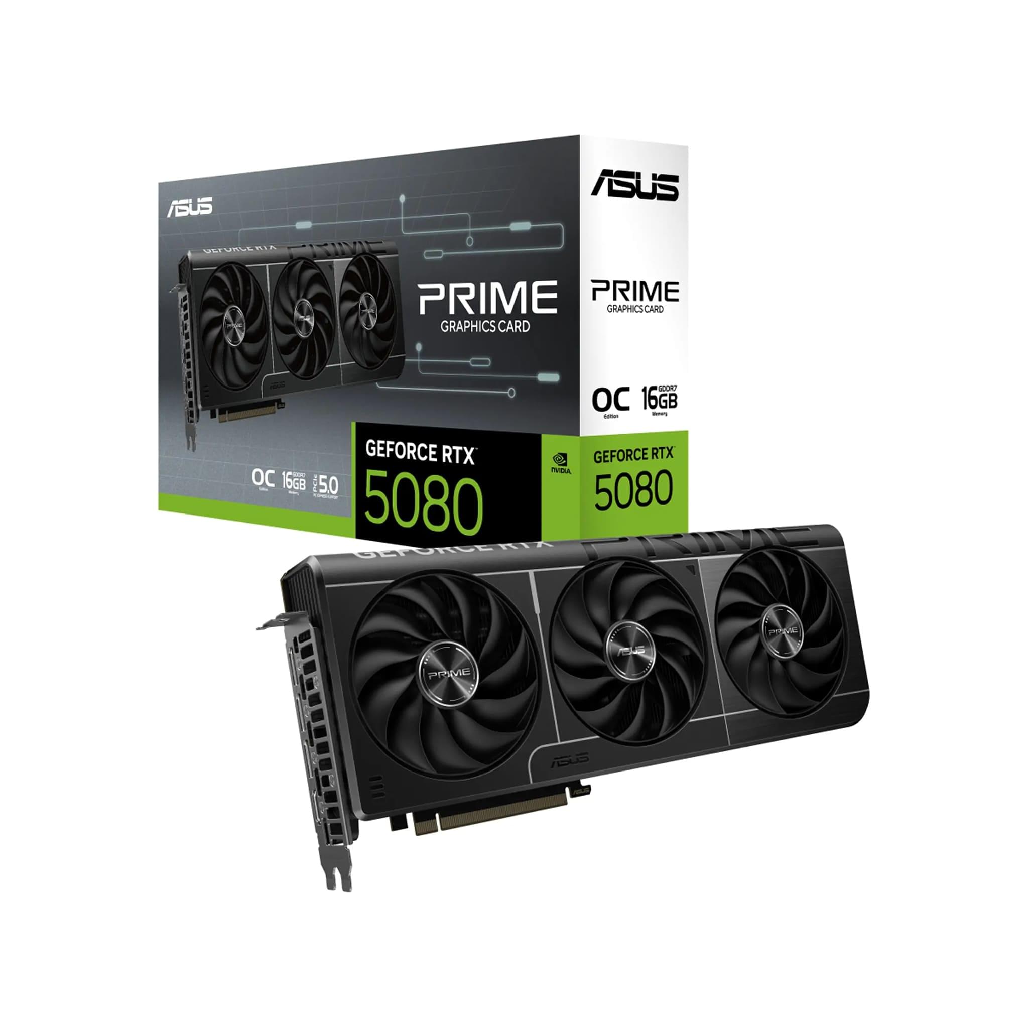 ASUS Prime GeForce RTX 5080 OC Edition With 16GB GDDR7 Graphics Card, 2655 MHz Boost Clock, 10752 CUDA, 256-bit 30 Gbps Memory, AI Performance, PCIe 5.0
