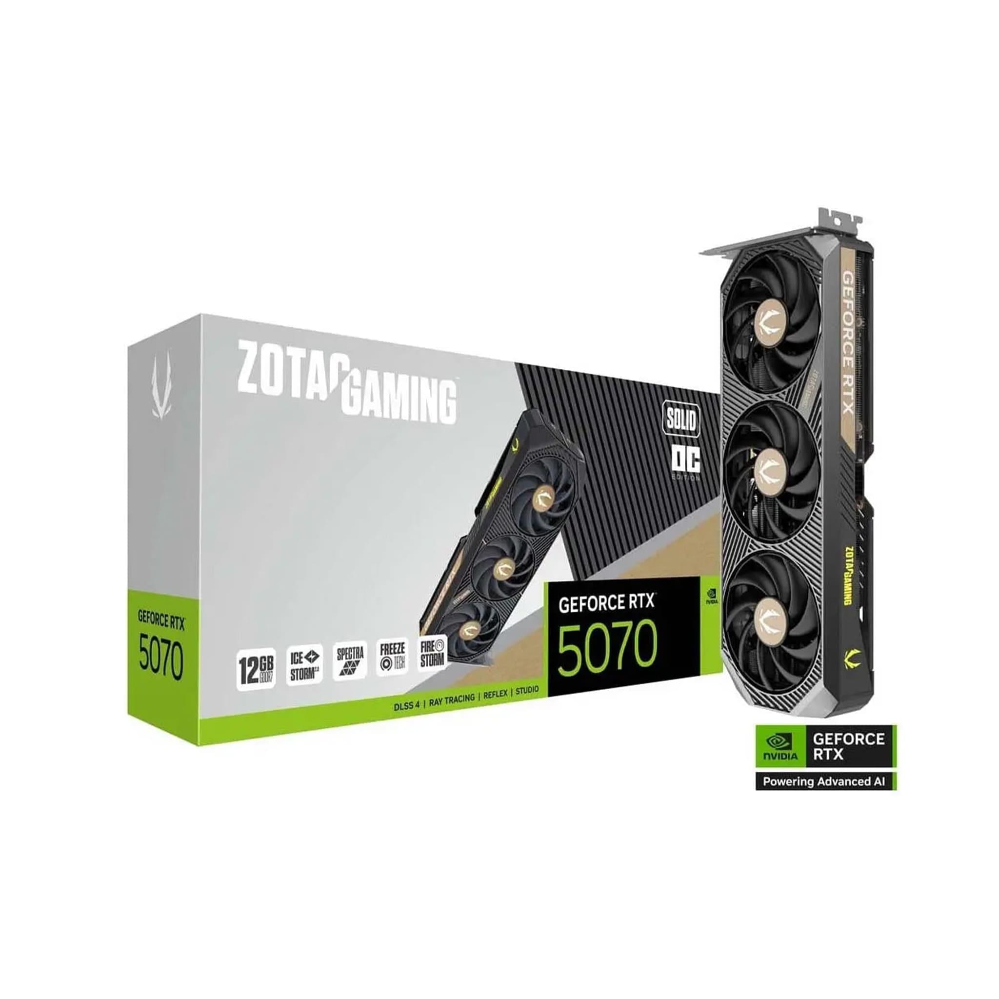 ZOTAC GAMING GeForce RTX 5070 SOLID OC Graphics Card, 12GB GDDR7, 192-Bit Memory, 28 Gbps Memory Clock, 2542 MHz Engine Clock, 6144 CUDA Cores, PCI Express 5.0 x16